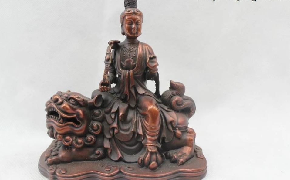 

5"Tibet Red Bronze Samantabhadra Ride Lion Elephant Kwan Yin Bodhisattva