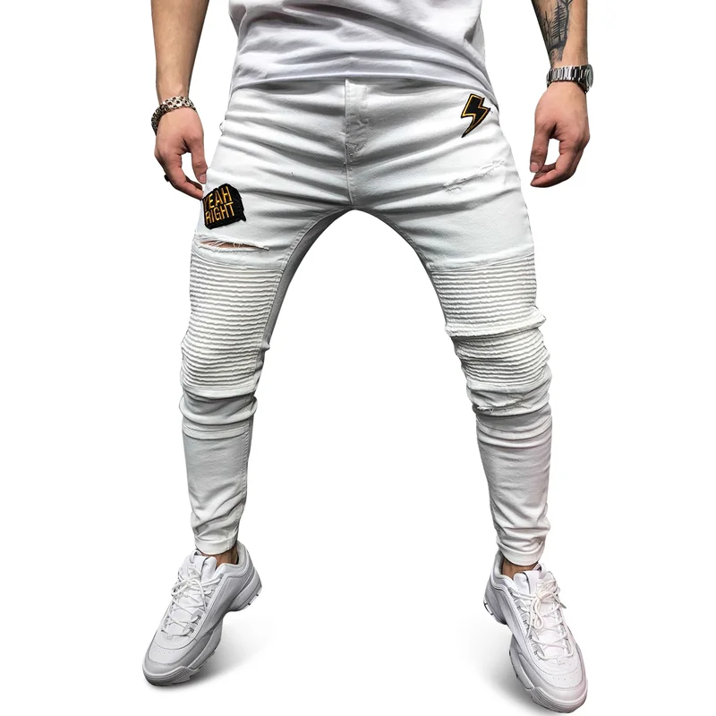 

Men's Fashion Vintage Pleated White Jeans Super Skinny Slim Zipper Jeans Destroy Wear Pants Men's Embroidered Gothic Style Jeans