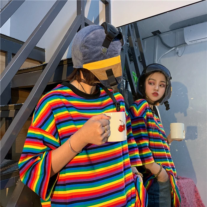 Летняя Новинка, Ulzzang Harajuku, радужная полосатая футболка с коротким рукавом, Корейская панк Женская футболка, топы