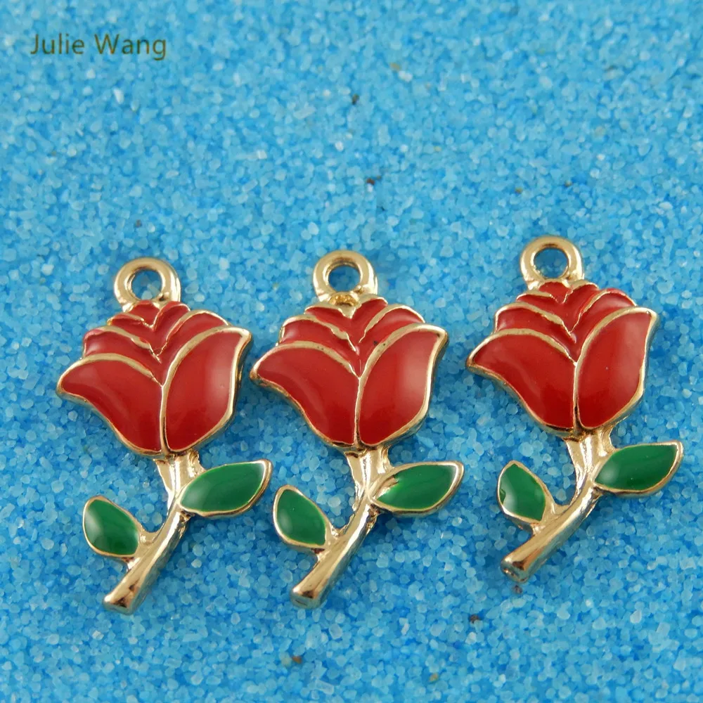 

Julie Wang 20PCS Alloy Charm Gold Color Red Enamel Rose Pendant Suspension Charms Handmade Hanging Tops Necklace Accessory