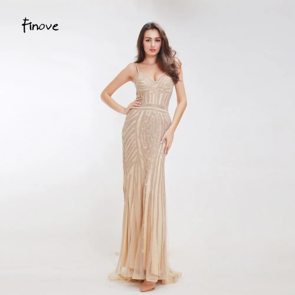 Finove Champagne Evening font b Dresses b font 2018 Elegant V neck Sleeveless Sexy Formal Crystal