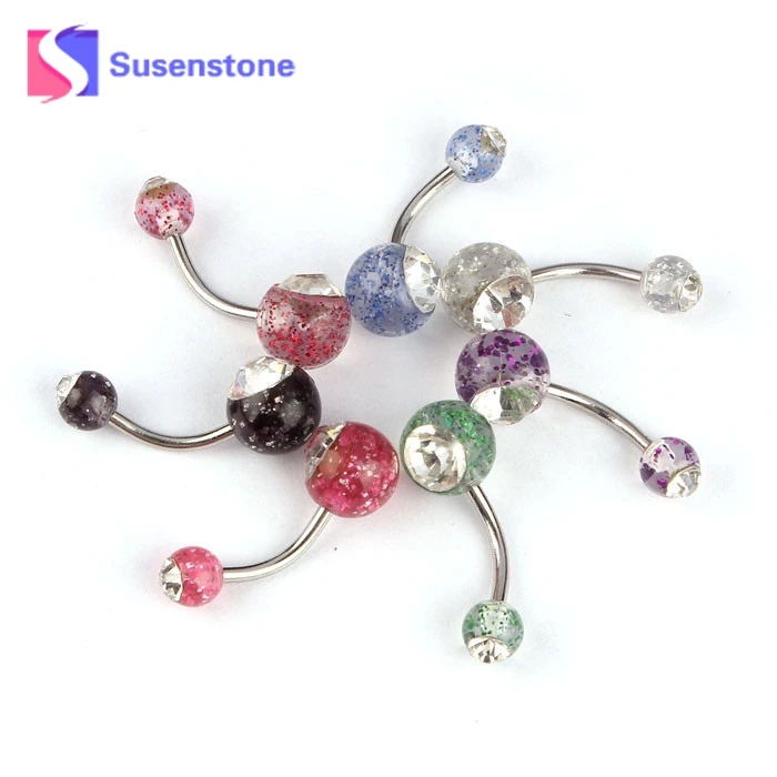 

susenstone New Trendy Body Jewelry Butterfly Dangle Ball Button Barbell Bar Belly Navel Barbell Rhinestone Crystal Ball Piercing