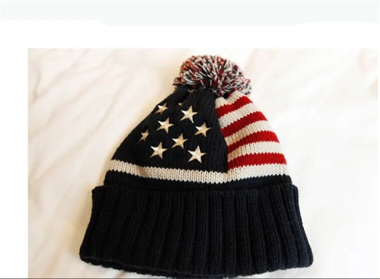 Новая зимняя унисекс вязаная шапка с флагом США, вязаная шапка с помпонами