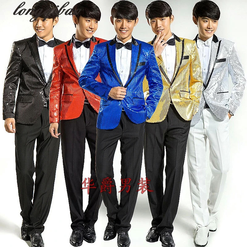Men's black and white red powder pearl blue silver sequins costumes party host suit jacket TB7453