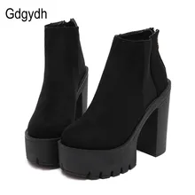 Gdgydh Mode Noir Cheville Bottes Pour Femmes Talons Épais 2017 nouveau Automne Troupeau Plate-Forme Chaussures Talons hauts Noir Zipper Dames bottes