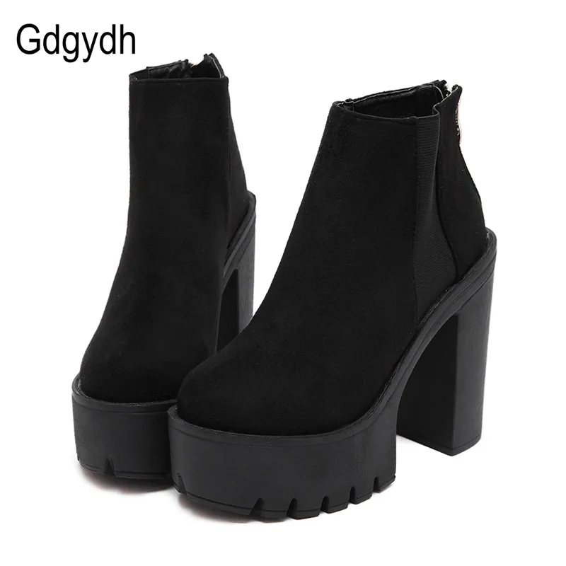 Achat Gdgydh Mode Noir Cheville Bottes Pour Femmes Talons Épais Printemps Automne Troupeau Plate Forme Chaussures Talons hauts Noir Zipper Dames Bottes