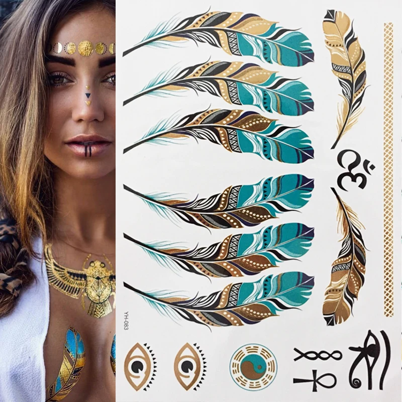 1 лист флэш Бохо металлические золотые перья мерцающие ювелирные изделия фестиваль временная татуировка
