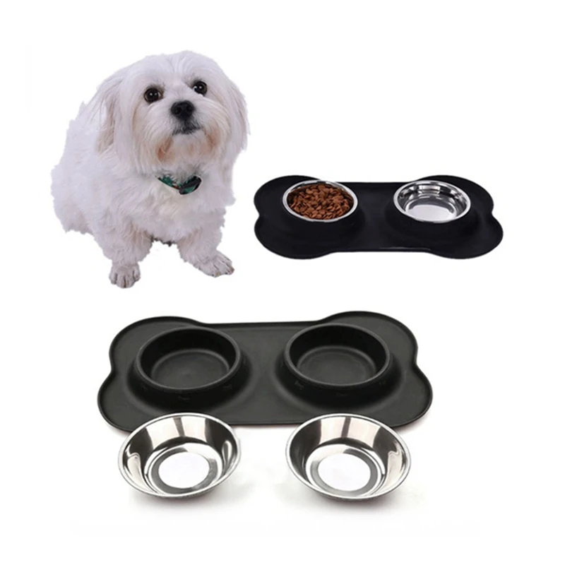 

Dog Bowls Stainless Steel Water and Food Feeder with Non Spill Skid Resistant Silicone Mat for Pets Puppy Small Medium Dogs