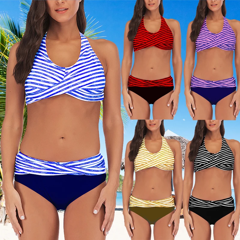 

plus size Striped Bikini Set Women Swimsuit Push Up Halter Swimwear Two Pieces Bathing Suit Female Beachwear Tankini biquini 3XL