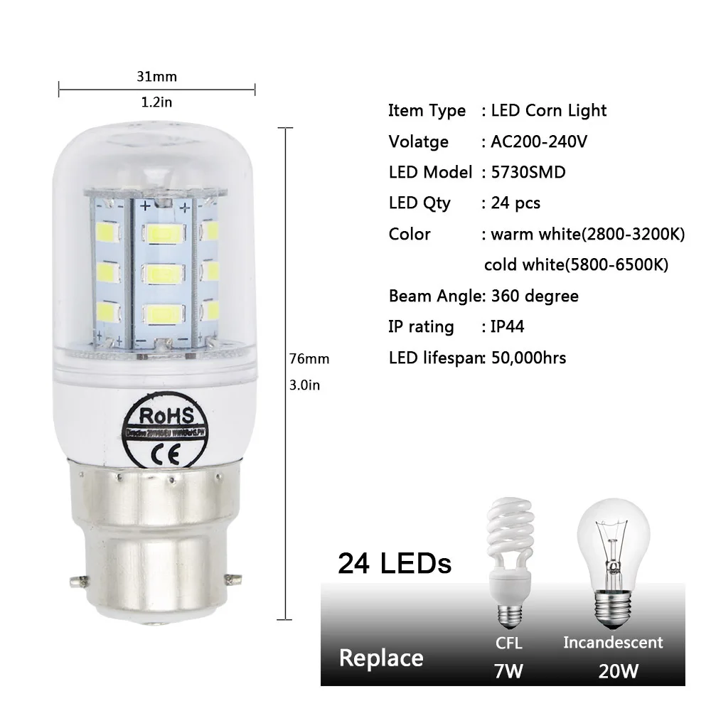 Лампада b22 Светодиодные лампы 240 В 220 В 7 Вт 12 Вт 15 Вт 20 Вт светильник 72x5730 SMD 30 Вт Холодный теплый белый Светодиодный точечный светильник