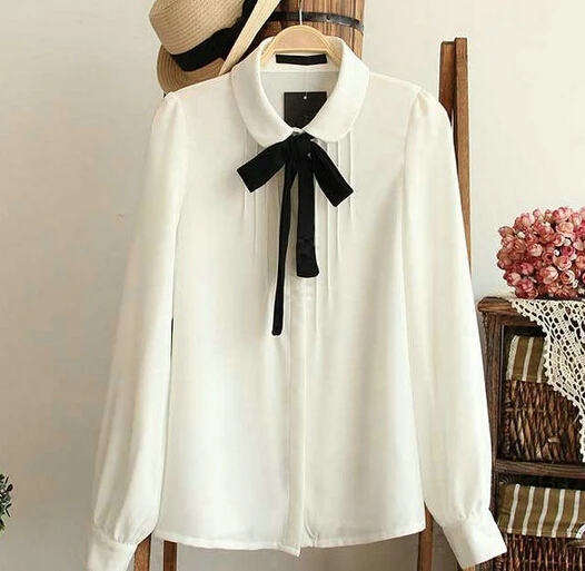 

2015 New Fashion Women Summer Chiffon White Tops Shirts Long Sleeve Peter Pan Collar Casual Blouse Tops Summer Blusa