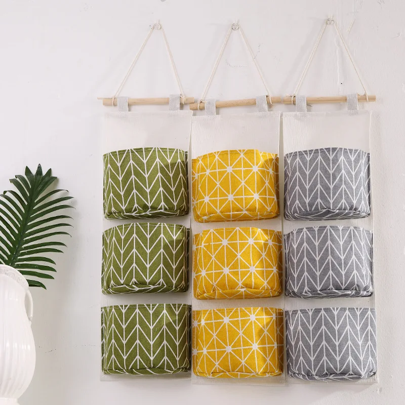 

Cotton Linen Hanging Storage Bag for Sundries Keys Tools 3 Pockets Wall Mounted Wardrobe Hang Bag Wall Pouch Cosmetic Organizer