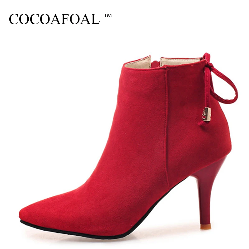 

COCOAFOAL Woman Winter Red Chelsea Ankle Boots Plus Size 33 43 Black Butterfly Knot Martin Boots Fashion Sexy High Heeled Shoes