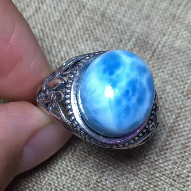 

KUIJIA Natural Larimar Ring Copper Pectolite size14.5*12.5mm S925 silver inlay;The ring can be adjusted freely