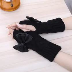 Новые Брендовые женские перчатки с бантиком, теплые перчатки на запястье, зимняя Весенняя вязаная рукавица без пальцев