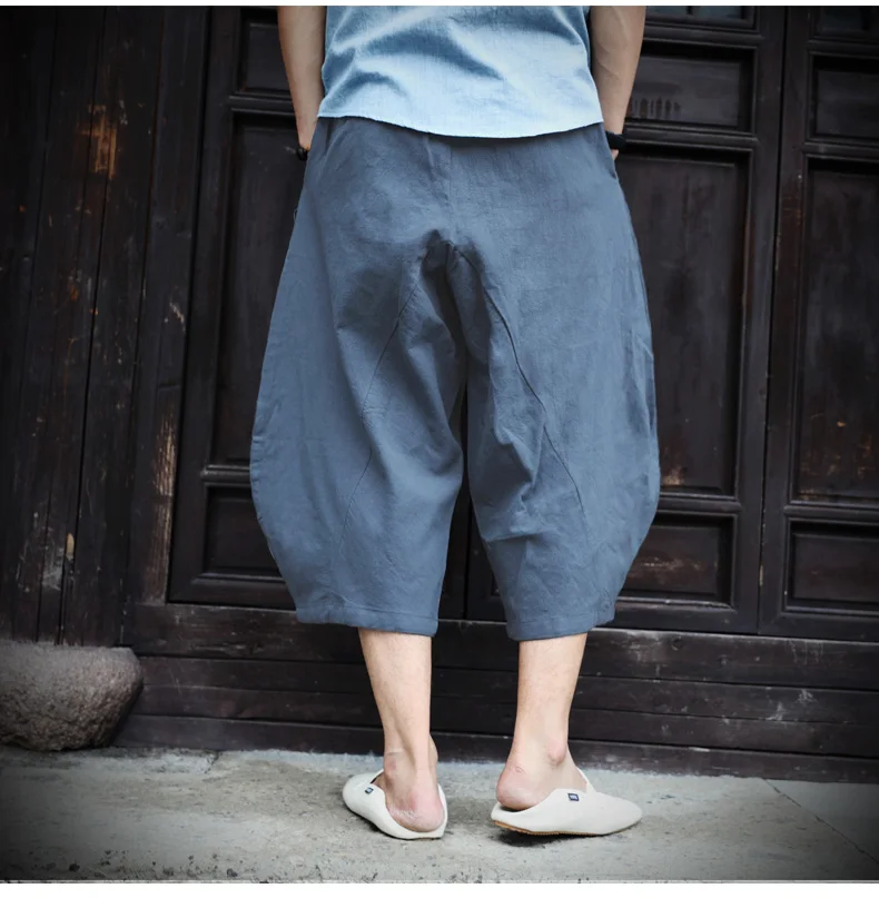 2018 Для мужчин Хлопковые льняные штаны-шаровары Японии Стиль Широкие штаны висит низко метросексуал свободные льняные Повседневное брюки