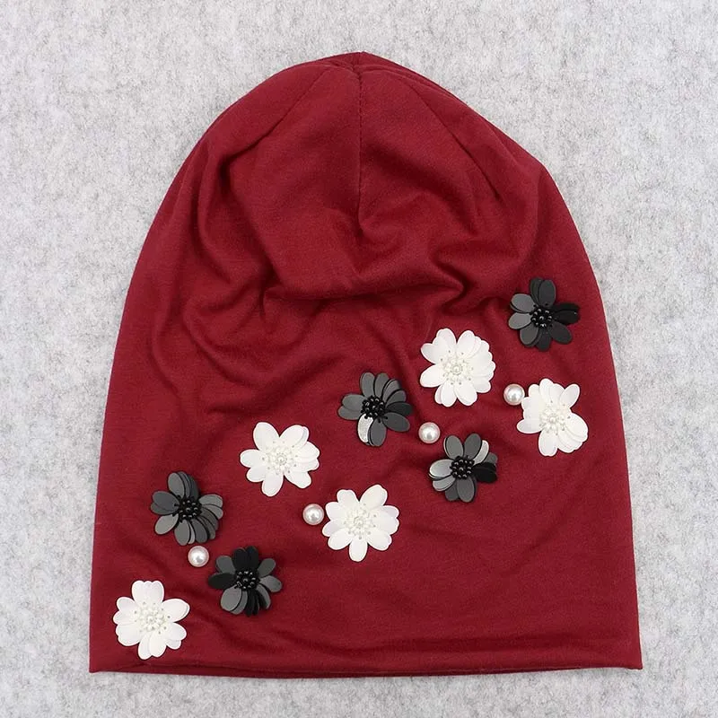 GZHILOVINGL/Новинка года, весенне-зимние женские одноцветные шапочки с черепами, женская шапочка с жемчужинами, Шапочка-бини с цветочным узором - Цвет: Wine red