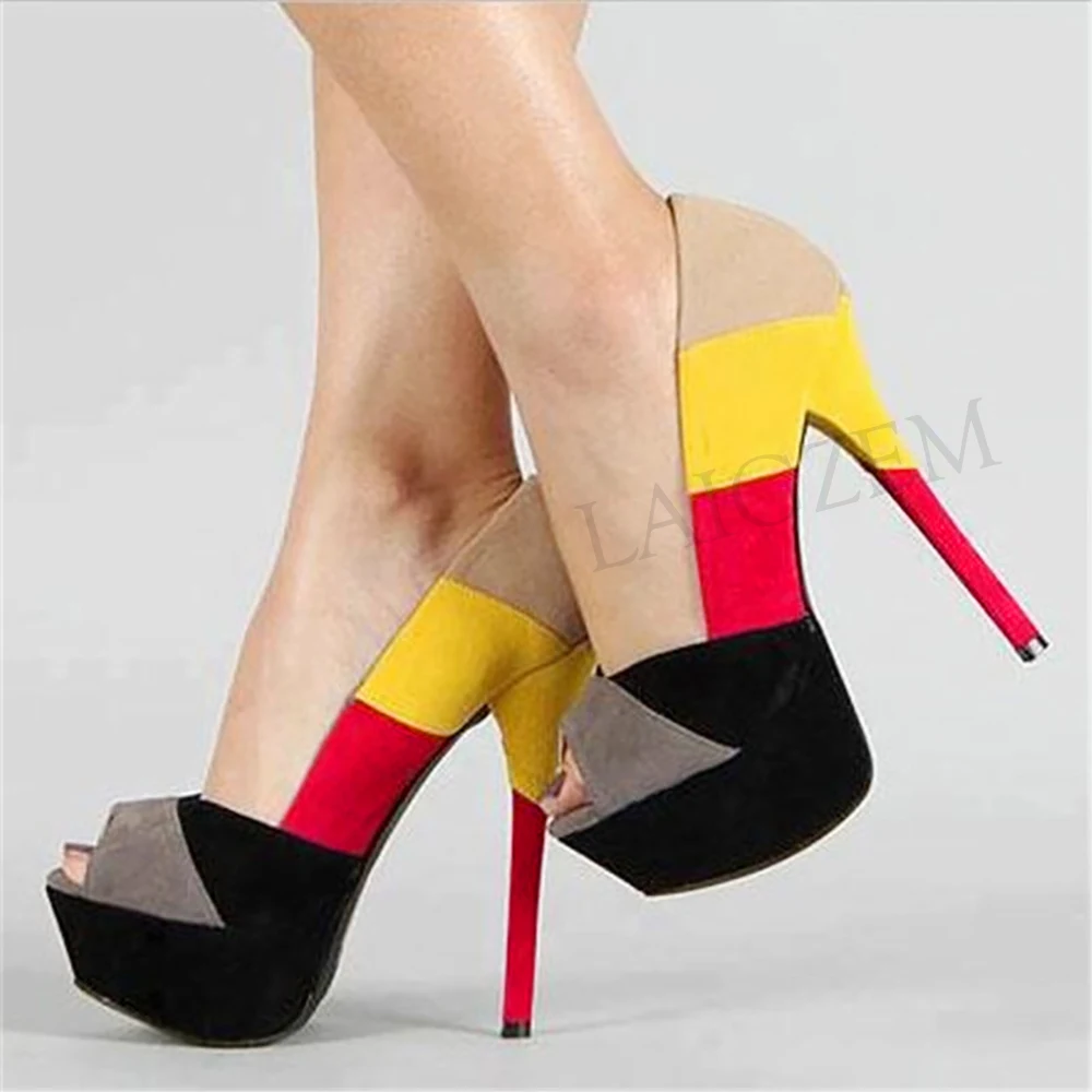 

LAIGZEM Women Platform Heels Colors Blocking Patchwork Pumps Peep Toe Evening Party Shoes Tacones Mujer Large Size 41 43 48 52