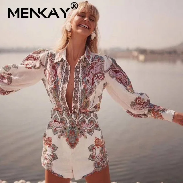 

[MENKAY] 2019 Summer Vintage Print Women 2 Two Piece Set Matching Sets Outfits Long Lantern Sleeve Top and Short 2piece Clothes