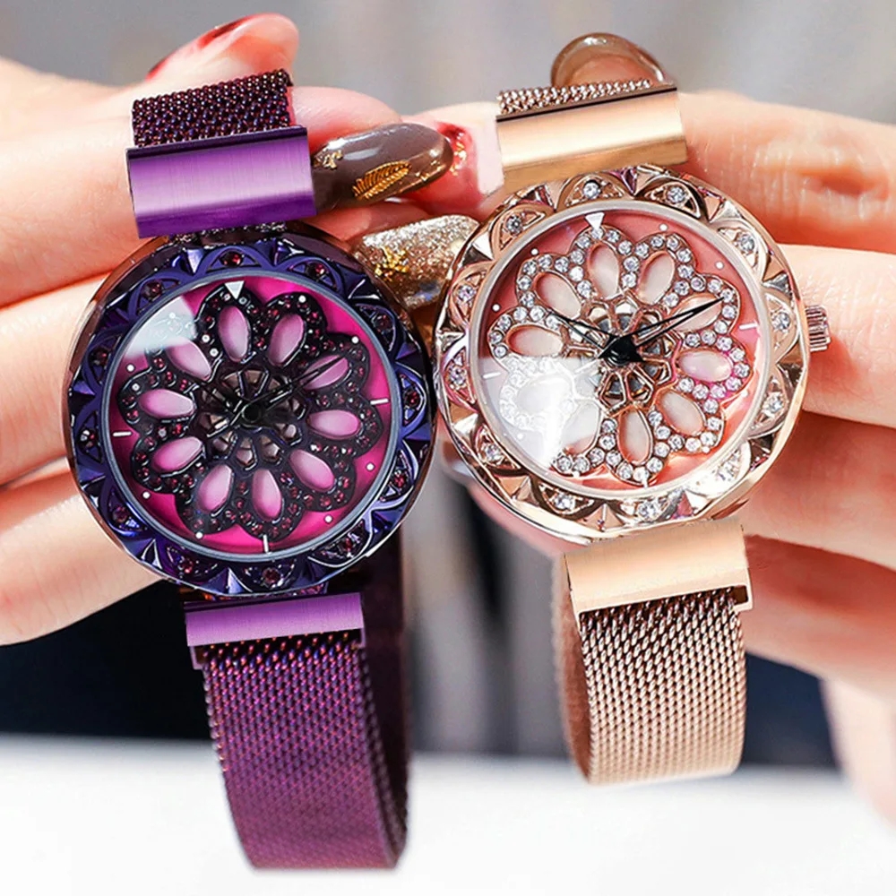

Fashion luxury diamond encrusted rotating flower creative watch luck turns watch magnet buckle watches