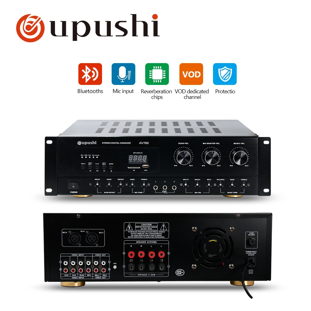 Oupushi профессиональный караоке 8 Ом Цифровой усилитель 2 канала HiFi 250 Вт* 2 эхо стерео клубный усилитель с колонки KTV Шэньчжэнь