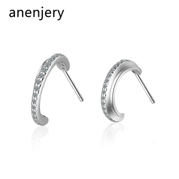

anenjery Simple Elegant Mosaic Zircon Half Moon Double Line 925 Sterling Silver Earring For Women Gift Fine Jewelry S-E820