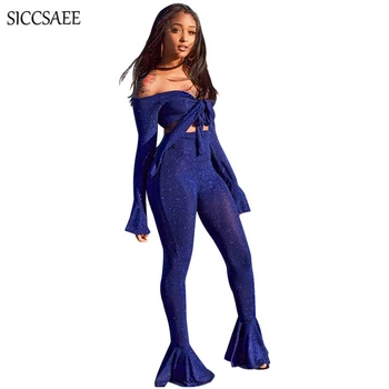 

Ruffles Off Shoulder Bow Crop Top Flare Sleeve Glitter Bell Bottom Pants Suits Sexy Club Wear Two Piece Set Sparkly Outfits 2018