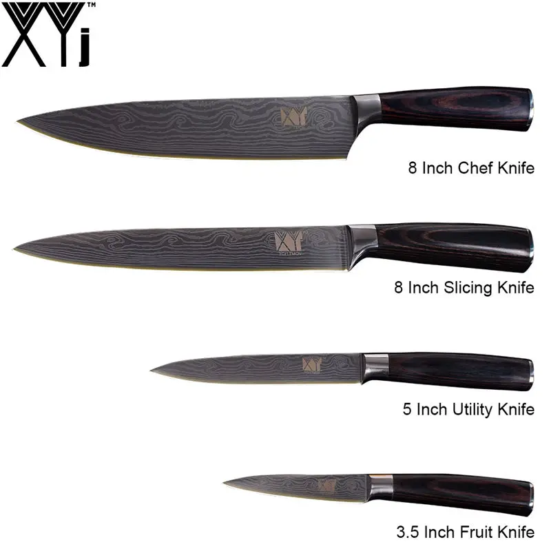 XYj высококачественный набор ножей из нержавеющей стали с цветной деревянной ручкой дамасский узор острое лезвие кухонный нож аксессуары инструменты для приготовления пищи - Цвет: D.(4 Pcs Set)