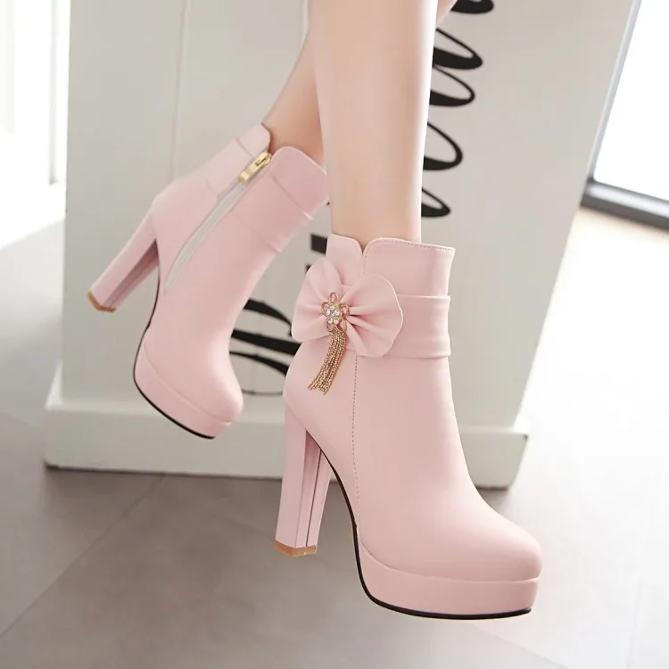 8_2016 Autumn Korean Womens Pink Dress Booties Shoes Princess Bow High Heels Black And White Platform Ankle Boots For Winter
