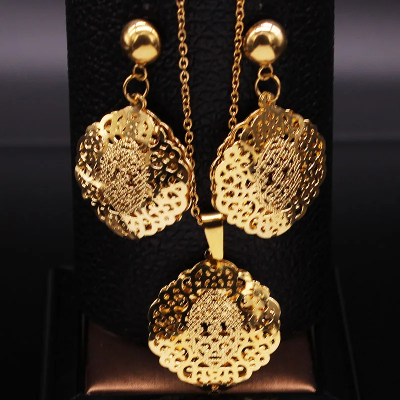Islam Blume Edelstahl Schmuck Sets für Frauen Gold Farbe Halskette Set Schmuck eensemble de bijoux en acier inoxydable luxe – Detail 3