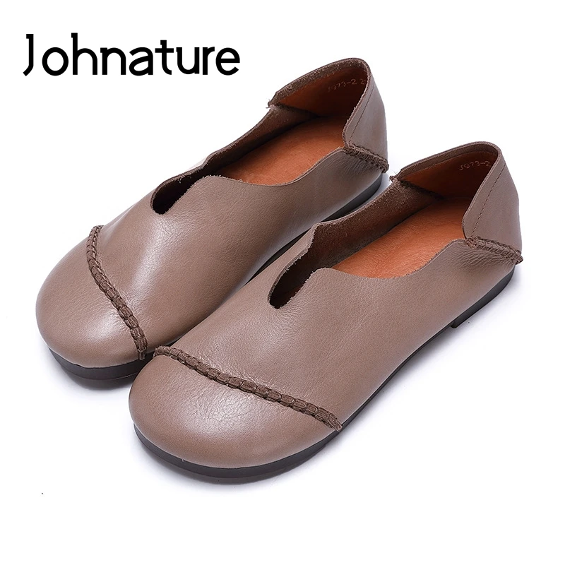 

Johnature 2019 New Spring/Autumn Genuine Leather Round Toe Casual Retro Flats Sewing Slip On Women Shoes