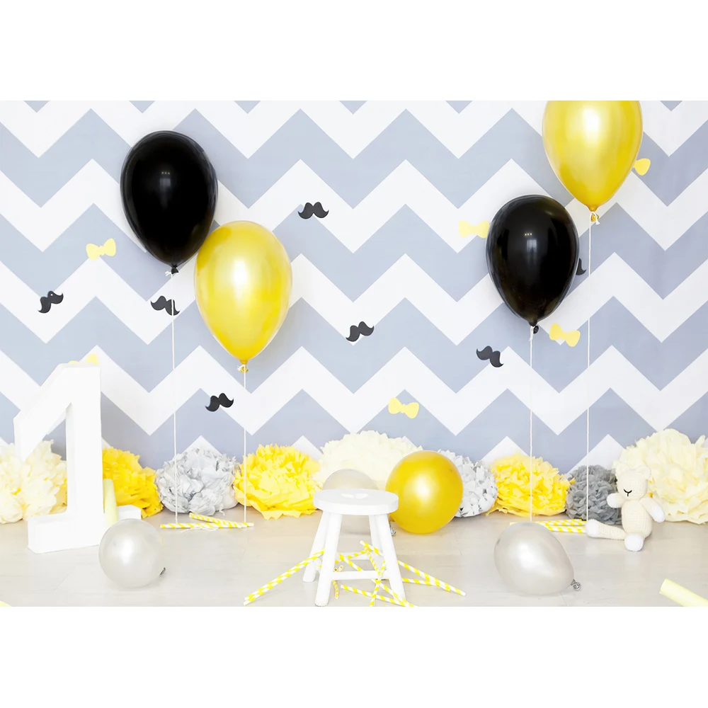 Colorwonder черный и желтые воздушные шары с яркие бумажные цветы фото задний план серый с белой волной полосы Виниловый фон