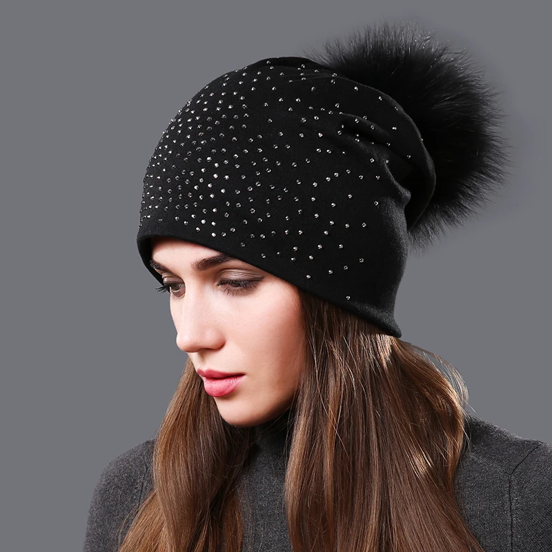 Женские зимние теплые шапки из хлопка с помпонами натурального меха енота|pom pom