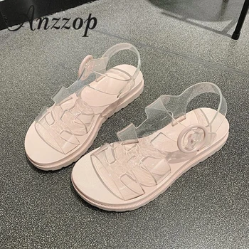 

Fairy ins wind student casual transparent sandals female summer flat bottom chic roman beach shoes jelly wild fashion design