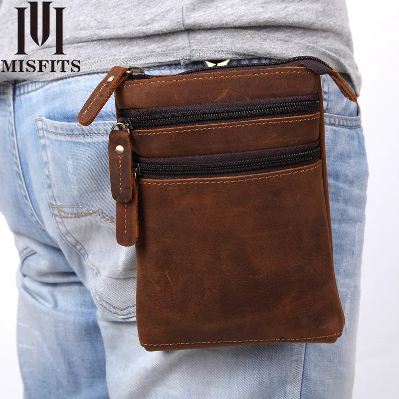 

Authentic Handmade One-shoulder Mobile Phone Bag for Men's Crazy Horse Skin Bag with Waistband Multi-functional Wearable Belt