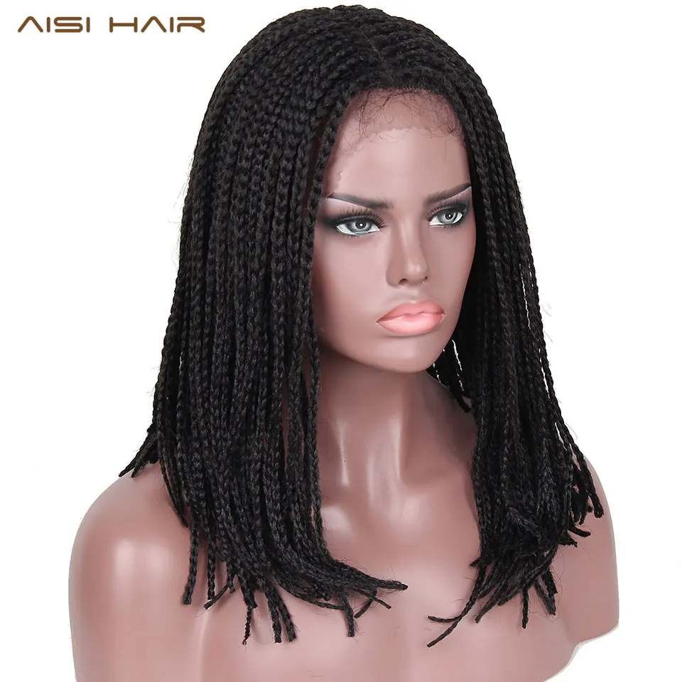 

AISI HAIR Synthetic Braids Box Braids Wig Lace Front Wigs for Women with Black Bangs Short Bob Hair Heat Resistant Fiber