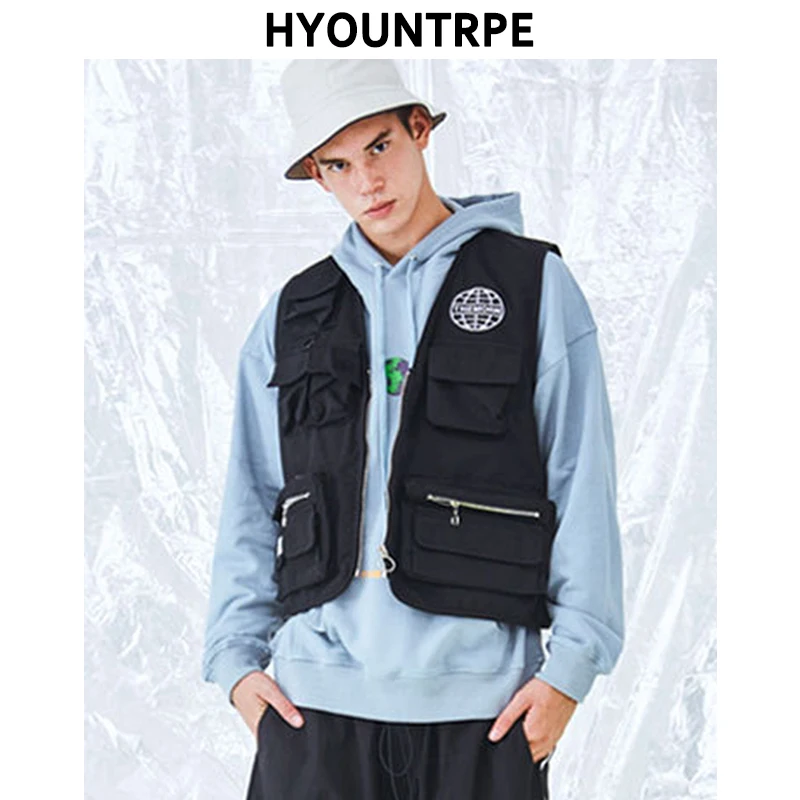 

Hip Hop Sleeveless Vests Men Cargo Waistcoat With Pockets Military Jacket 2018 New Streetwear Zipper Tactical Vest Sweatshirts