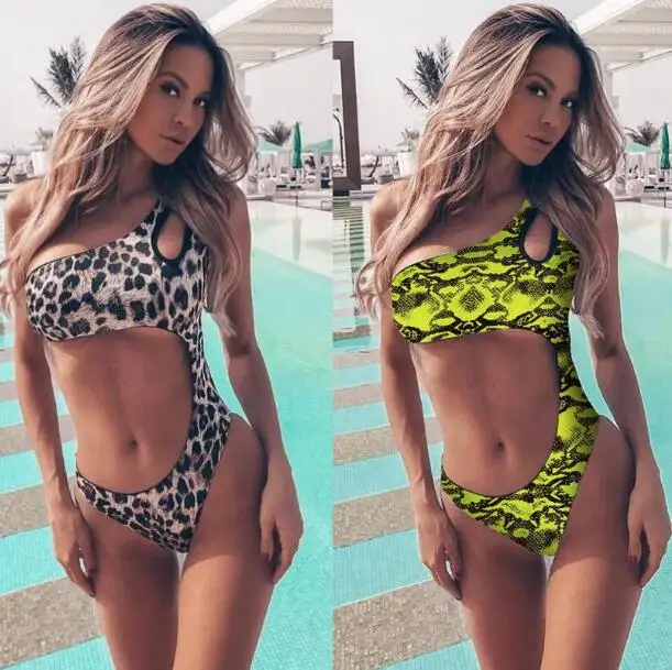 

Women's One Piece Swimsuits One Shoulder Swimwear Leopard Monokinis 2019 Summer Beach Bathing Suits Push Up