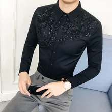 Повседневная рубашка Camisa Masculina, весна, Корейская мужская рубашка с длинным рукавом, кружевная, с разрезом, для прически