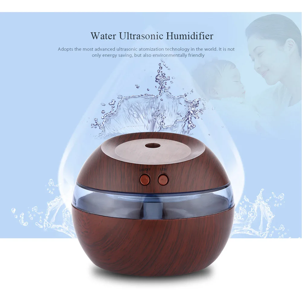 

Mini USB Ultrasonic Humidifier 300ml Aroma Diffuser Essential Oil Diffuser Aromatherapy mist maker with Blue LED Light Dark wood