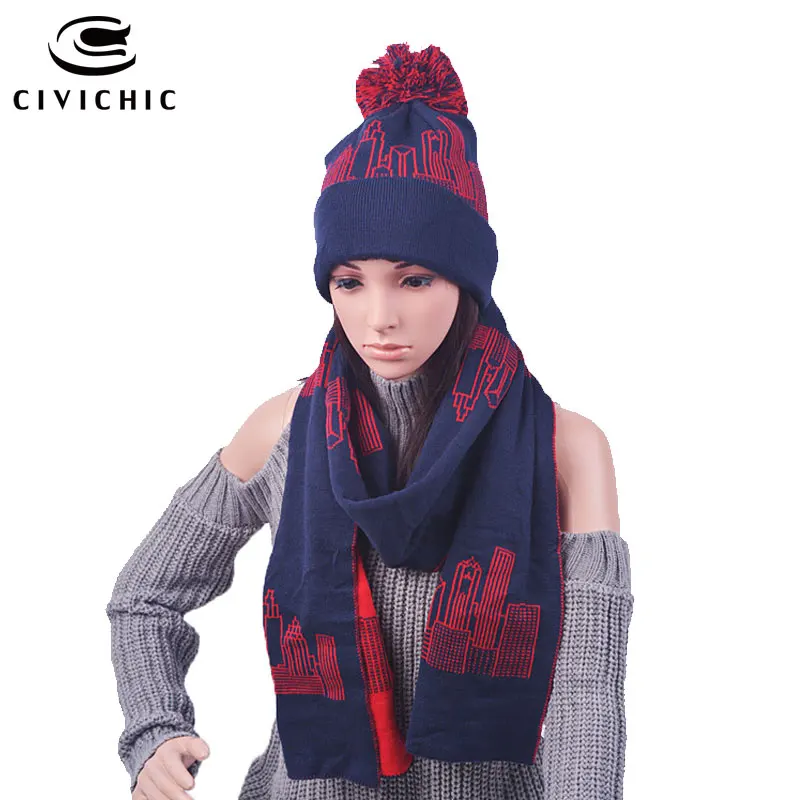

CIVICHIC Stylish Faux Wool Winter Warm Knitting Hat Scarf Set Unisex Handmade Caps with Shawl Girl Chic Headwear Warmer SH107