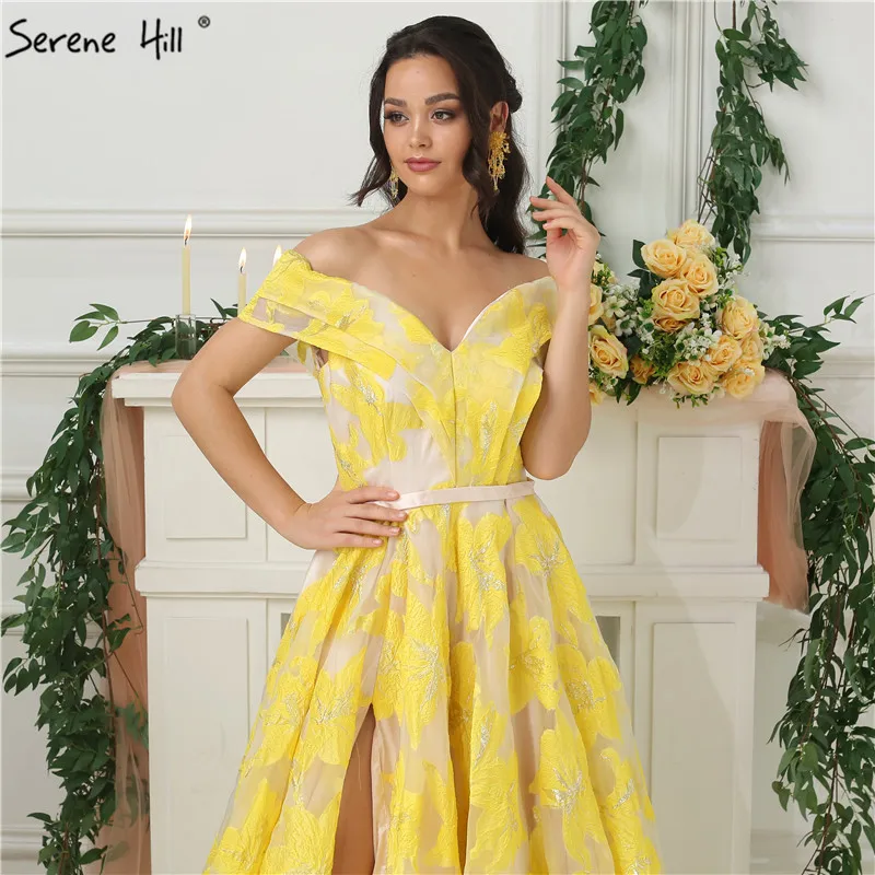 Новейшие модные желтые вечерние платья с открытыми плечами без рукавов с цветочным принтом, Сексуальные вечерние платья Serene hilm LA6597