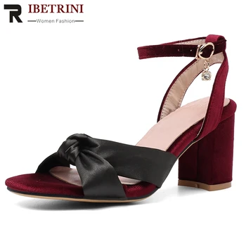 

RIBETRINI Fashion Flock Ankle Strap Sandals Woman 2020 Summer Female High Heels women's Shoes Woman Size 32-43