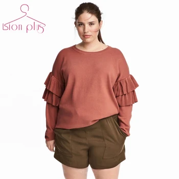 

Brick Red Pullover Sweater Women 5XL 6XL 4XL Big Sizes 2017 Autumn Sleeve Lapped Ruffles O-Neck Long Sleeve Loose Style Sweaters