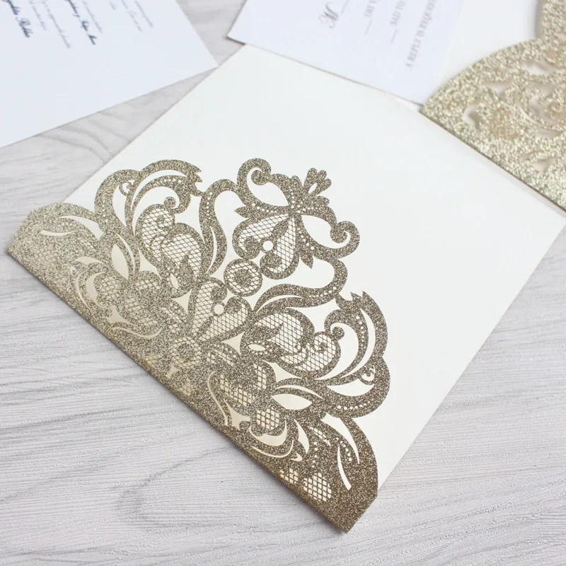 Luxury golden wedding invitation set with RSVP envelop belly band tri-fold pocket invites wedding decoration supply free ship