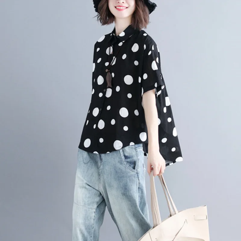 #5772 Summer Black Short Sleeve Shirt Korean Fashion Polka Dot Cotton Linen Shirt Women Large Size Top Femme Ruffle Blouse Tide #5772 Summer Black Short Sleeve Shirt Korean Fashion Polka Dot Cotton Linen Shirt Women Large Size Top Femme Ruffle Blouse Tide