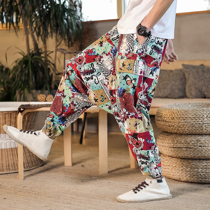 LOLDEAL Spring Summer Hanging Pants Chinese Style Casual Loose Nepal Pants Linen Pants Men's Big Pants
