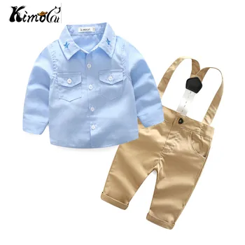 

Kimocat Young baby spring fall new suit boy gentleman long sleeve star collared shirt with two pieces of trousers