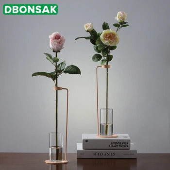 

Nordic Style Iron Art Vase Tabletop Flowerpot with Glass Cup Hydroponics Flower Plant Golden White Black Home Wedding Decoration