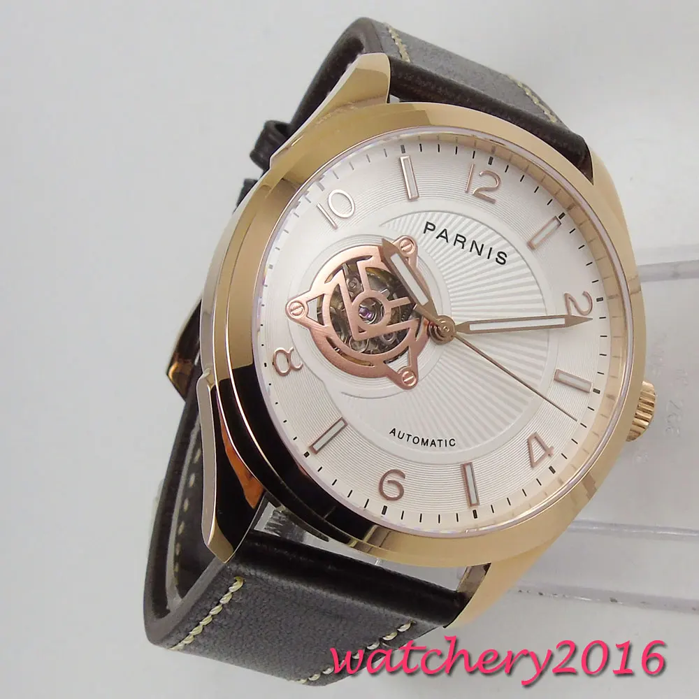 

42MM PARNIS 24 jewels Japanese Miyota NH38 Automatic Mechanical watches Rose Golden White dial Sapphire Crystal men's wristwatch